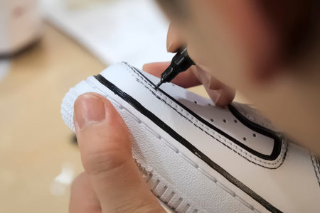 Drawing seams on white sneakers with a black markerの写真素材
