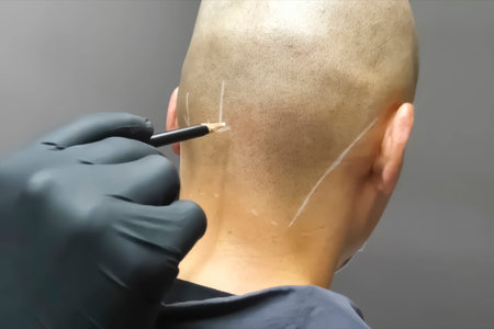 Tattooing with a needle on the scalp in the form of shaved hair. Permanent makeup for bald people to...