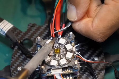 Soldering the power wires to the drone controller board