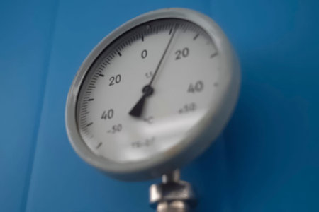 Blur photo, analog pressure gauge with an arrow on a blue background.の写真素材