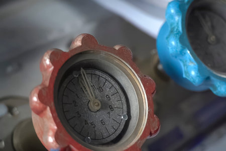 multi-colored pressure gauges with convenient grippers for installation. Each Color for Different Pressure Measurement Environmentの写真素材