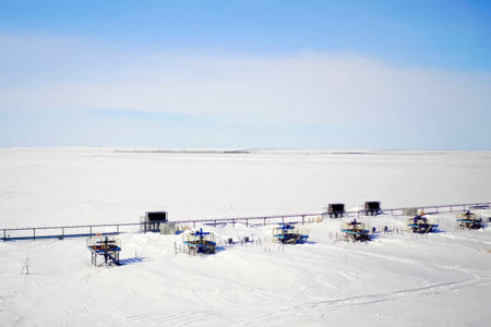 Cluster of gas wells in winter tundra, gas and condensate productionの写真素材
