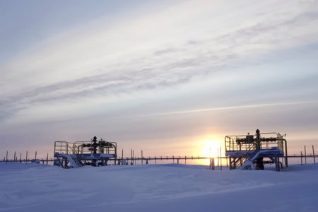 Cluster of gas wells in winter tundra, gas and condensate productionの写真素材