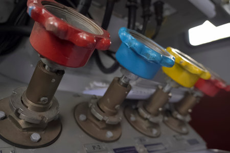 multi-colored pressure gauges with convenient grippers for installation. Each Color for Different Pressure Measurement Environmentの写真素材