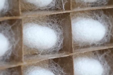 Silkworm cocoons in cells. Silkworm breeding industriallyの写真素材