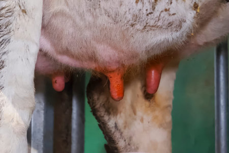 Milking cows on the farm, a milking machine is connected to the udder of the cow.