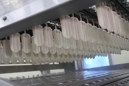 Ice cream on the conveyor at the ice cream factory. production process.の写真素材