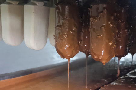 Ice cream on a stick, dipped in chocolate glaze with nuts, a mass conveyor of ice cream production...
