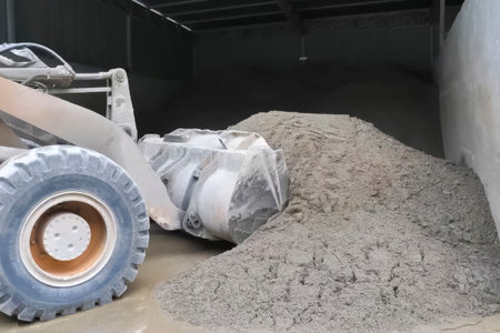 A bulldozer collects sand with a bucket from storage at a construction site