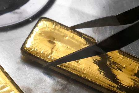 A bar of gold is being handled with tweezers because it is hot after a recent smelting