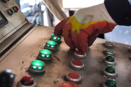With a gloved hand, he presses the glowing buttons on the control panel for turning on equipment at...