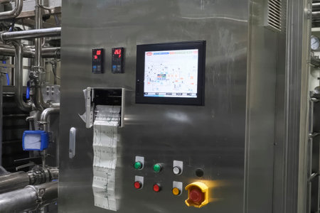 control panel with buttons for food department equipment with a printed process schedule.