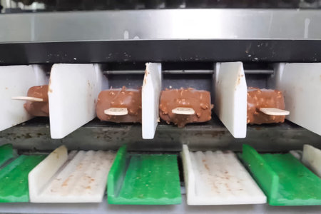 iced ice cream on a stick on a conveyor.の写真素材