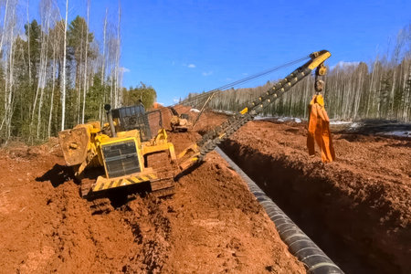 Pipelayer laying pipeline in trench, construction gas pipeline among forest and mud.