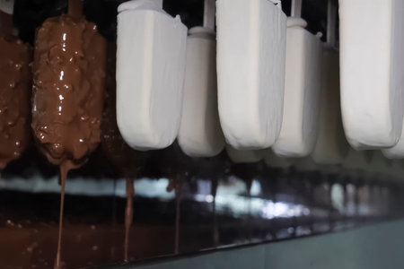 Ice cream on a stick, ice cream ready to be dipped in chocolate glaze, mass production of ice cream at the factory.の写真素材