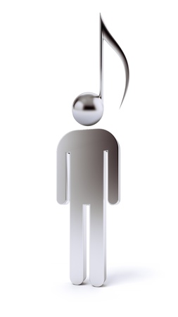 Music concept  Man with note of a head isolated on a white backgroundの写真素材