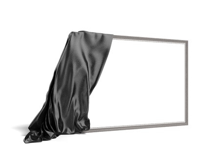 Empty picture covered with a black cloth isolated on a white backgroundの写真素材