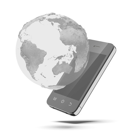 mobile phone and world globe isolated on a white backgroundの写真素材