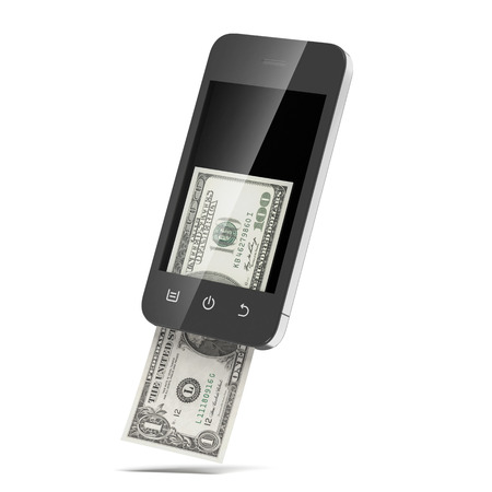 Modern mobile phone with hundred dollar isolated on a white backgroundの写真素材