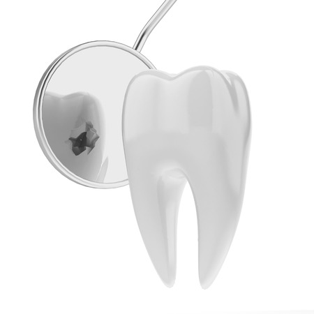 tooth and  dentist mouth mirror isolated on a white backgroundの写真素材