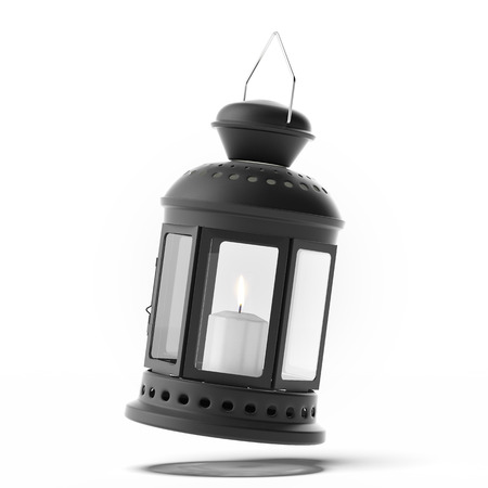 metal vintage lamp with candle inside  isolated on a white backgroundの写真素材