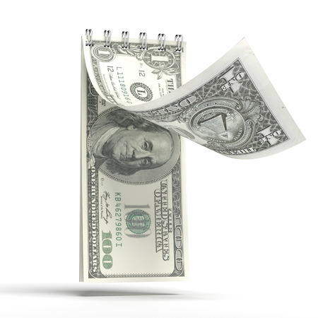 tear-off calendar with a dollar bank note isolated on a white backgroundの写真素材