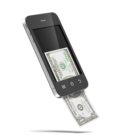 Smart phone with dollars isolated on a white backgroundの写真素材