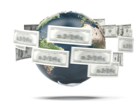 flying dollar bills around world isolated on a white backgroundの写真素材