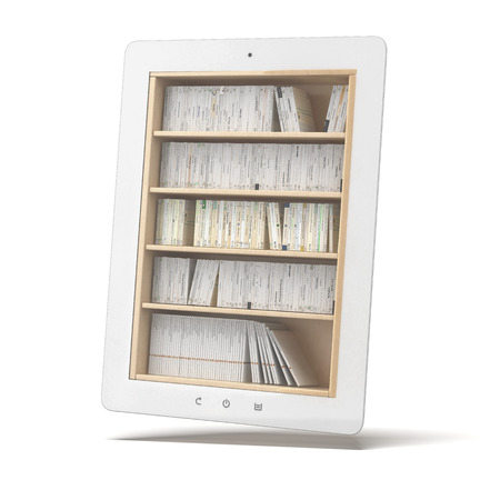 white tablet with bookshelf  isolated on a white backgroundの写真素材