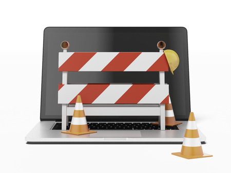 under construction with Laptop  isolated on a white background. 3d renderの写真素材