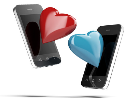 Two Smartphones With Love Hearts isolated on a white background. 3d renderの写真素材