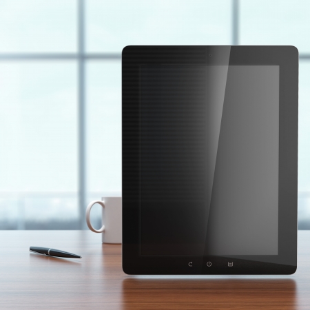 Tablet, coffee and pen on office table. 3d renderの写真素材