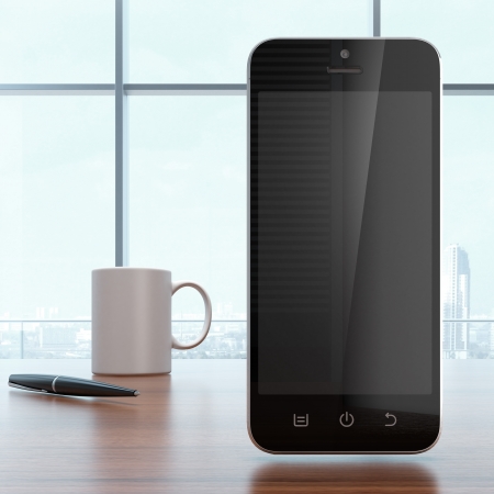 Smartphone , coffee and pen on office table. 3d renderの写真素材