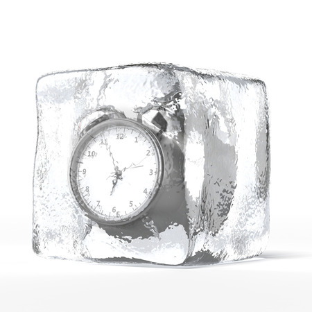 alarm clock in ice  isolated on a white background. 3d renderの写真素材