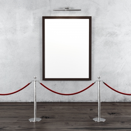 gallery with stand barriers and blank frame . dark interiorの写真素材