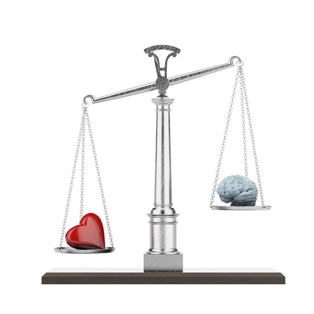 Scales with brain and heart isolated on a white . 3d renderの写真素材