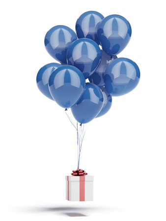 Gift box with blue balloons isolated on a white . 3d renderの写真素材