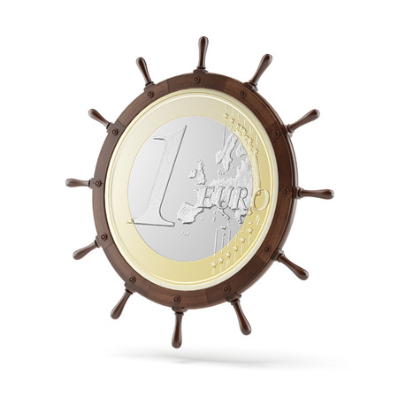 steering ship wheel  with euro coin isolated on a white background. 3d renderの写真素材