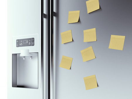  yellow notes on fridge background  isolated on a white background. 3d renderの写真素材
