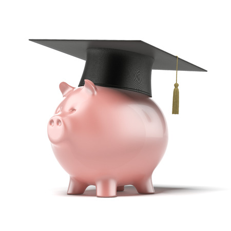 Piggy Bank with Black Graduation Hat isolated on a white background. 3d renderの写真素材