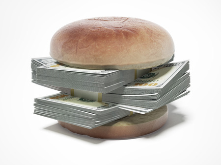 burger with dollar bills isolated on a white background. 3d renderの写真素材