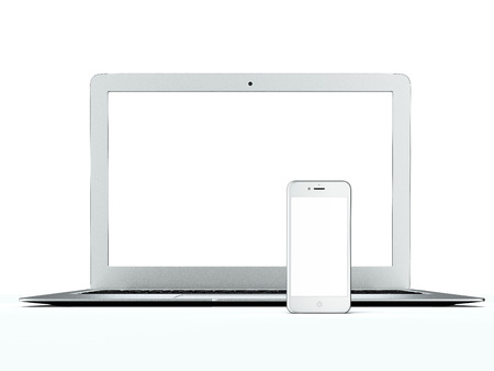 Laptop, and mobile phone with a blank screenの写真素材