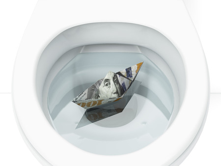 White toilet with boat from dollar billの写真素材