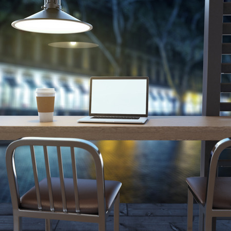 Laptop on cafe tableの写真素材