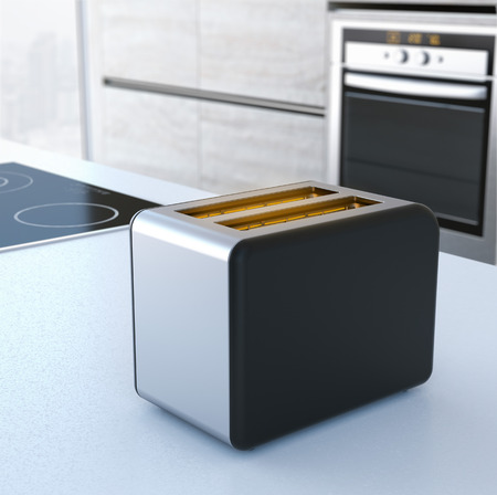 Chrome toaster on the table. 3d rendering