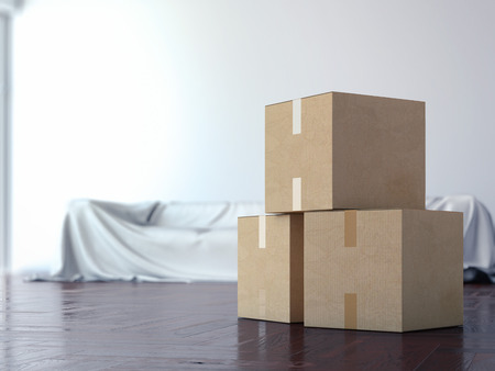 Cardboard moving boxes in interior. 3d rendering