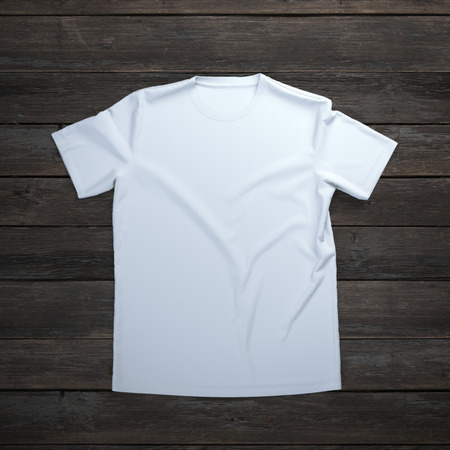 White t-shirt on wooden backgroundの写真素材