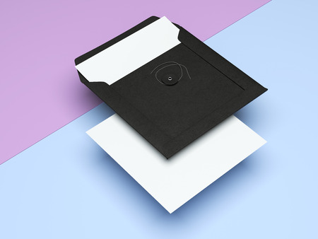 Black envelope with paper on the blue backgroundの写真素材