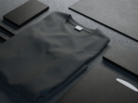 Dark mockup with blank t-shirt and business cardsの写真素材
