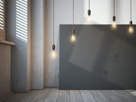 Blank black canvas with glowing bulbs in the loft interior. 3d renderingの写真素材